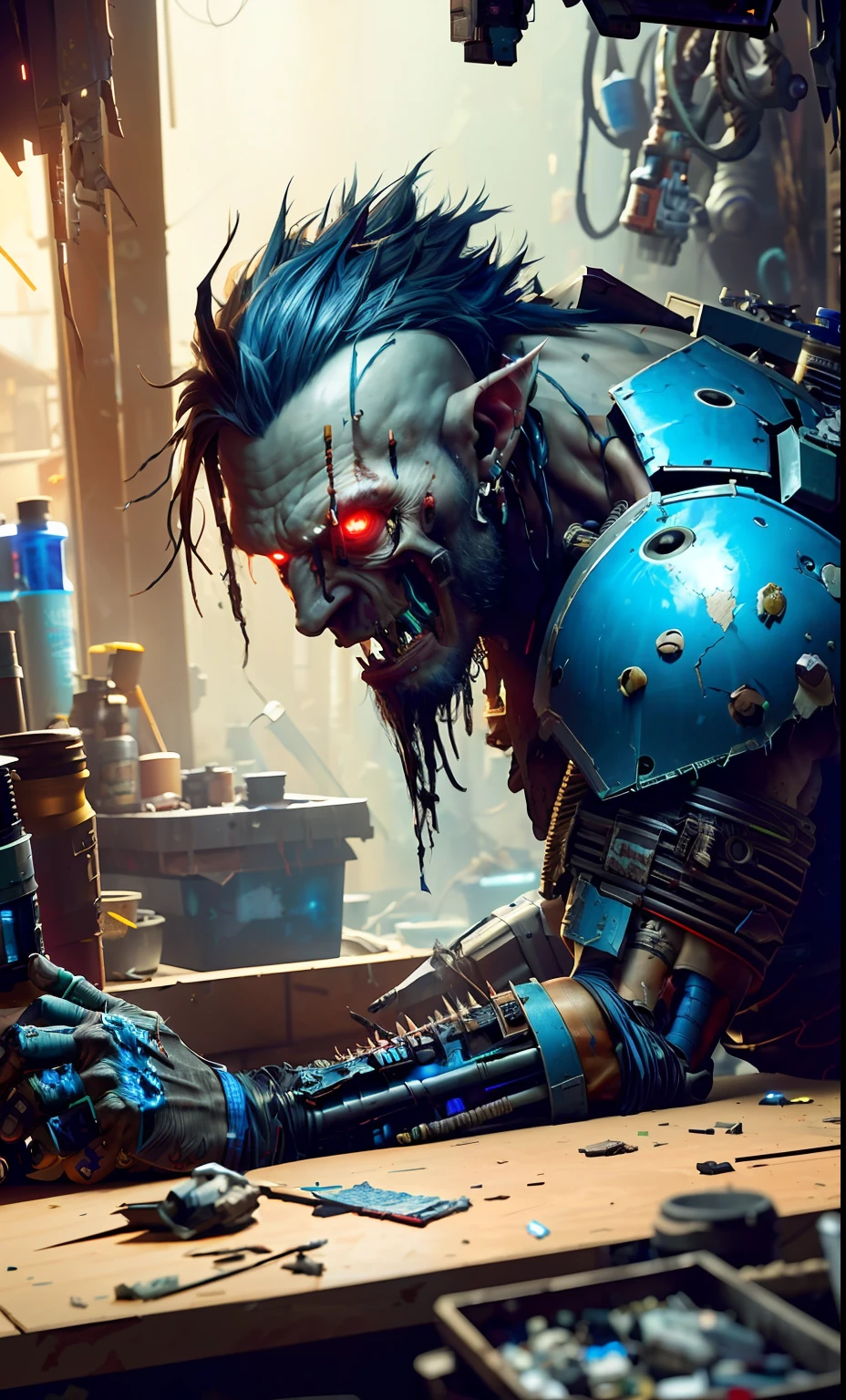 Wide angle Environmental shot in a cluttered and messy shack , action shot, tattered torn shirt, porcelain cracked skin, league of legends, vibrant, photo realistic, realistic, dramatic, dark, sharp focus, 8k."orc repairing cyborg arm as a realistic scifi cyberpunk knight, medium shot, intricate,unreal engine, cozy indoor lighting, artstation, detailed, arms crossed