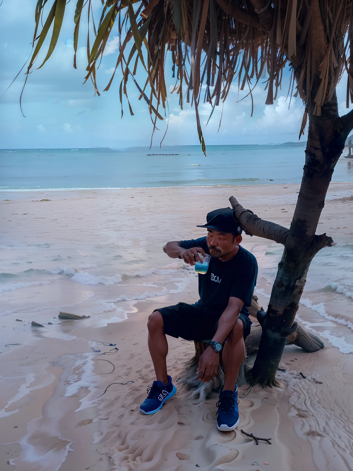 ((best quality)), 1. there is a man sitting on a tree stump on the beach, sitting on the beach, sitting on the beach, in a seaside environment, relaxing on the beach, relaxing on the beach, on a tropical beach, on the beach, posing on the beach with the ocean, standing on the beach, on the beach, relax. good view. 2. there is a man sitting on a tree stump by the beach, photo of Abidin Dino, Instagram, Sumatra, sitting on the beach, sitting on the beach, in a beachside environment, relaxing on the beach, relaxing on the beach, on the beach tropical, on the beach, posing on the beach with the ocean.