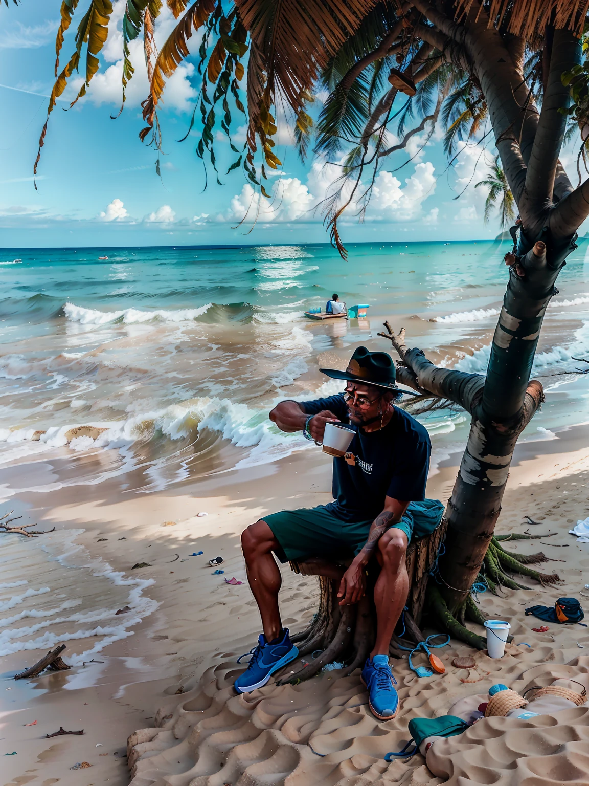 ((best quality)), 1. there is a man sitting on a tree stump on the beach, sitting on the beach, sitting on the beach, in a seaside environment, relaxing on the beach, relaxing on the beach, in a tropical beach setting, on the beach, posing on the beach with the ocean, standing on the beach, on the beach, relax. good view. 2. there is a man sitting on a tree stump by the beach, drinking coffee, sitting on the beach, sitting by the beach, in the beach environment, relaxing on the beach, relaxing on the beach, on the tropical beach, on the beach, posing on the beach with the ocean.