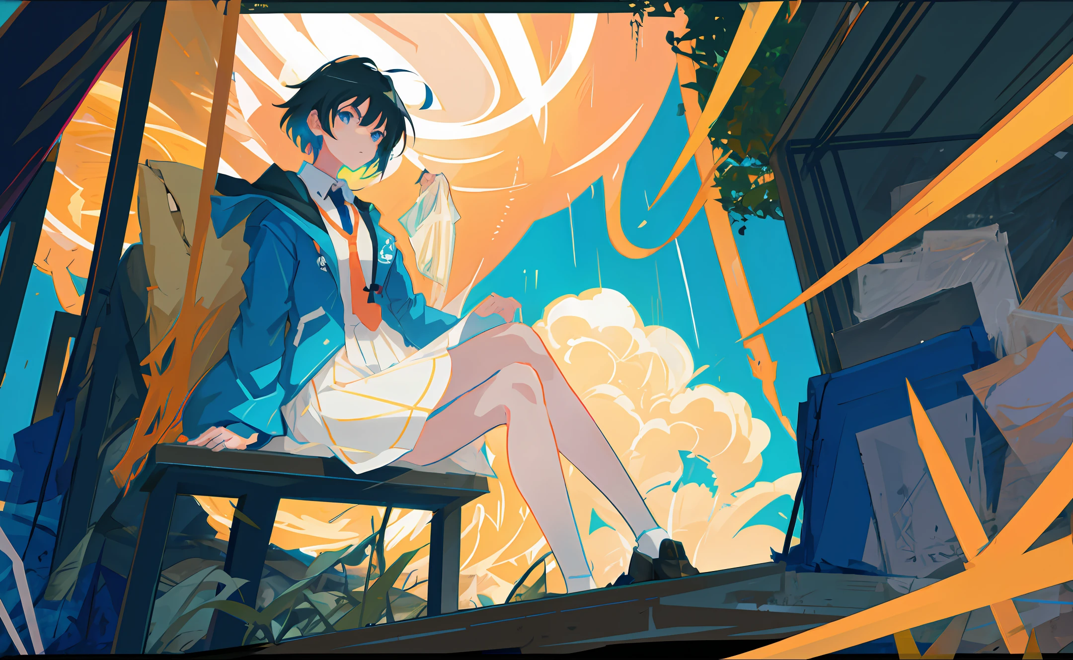 long_sleeves, looking_at_viewer, necktie, outdoors, plant, red_necktie, ruins, shirt, sitting, solo, thigh_strap, twintails, cloud, dust, fireflies, glowing, light_particles, sky, tanabata, tanzaku, telescope, ((illustration)),(((masterpiece))),((best quality)),(High resolution), hignity 8k wallpaper,(beautiful detailed eyes),(detailedlight),(highres),chiaroscuro,sunlight, blur_censor, blurry, blurry_background, blurry_foreground, bokeh, ((chromatic_aberration)), depth_of_field, film_grain, focused, motion_blur, photo_\(medium\), light_rays, dust, fireflies, glowing, light_particles, future style \(module\), nigh, neon lights, haze, moss, ultra-wide_angle, ((from below)), cinematic angle, wide_shot, very_wide_shot, full_body,there is a woman sitting at a desk in front of a window, an anime drawing by Kose Kanaoka, pixiv, conceptual art, kyoto animation still, gloomy. by makoto shinkai, anime film still, ( ( makoto shinkai ) ), style of makoto shinkai, anime still film anime shikishi, anime scene.