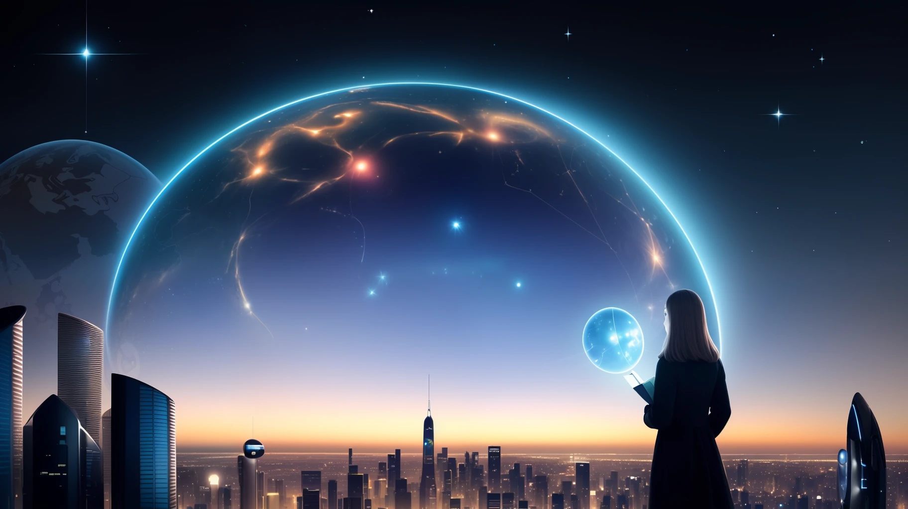 Generate a mind-blowingly detailed and thought-provoking image that makes you think about deep things. The image should show a futuristic city at night, with a bright and utopian atmosphere. The city should be clean and peaceful, with flying cars and robots. The image should focus on a young woman standing on a balcony, looking at the stars. The woman should look curious and amazed, while holding a device that shows her a map of the galaxy. The image should make you wonder about the origin of the universe and the possibility of alien life.