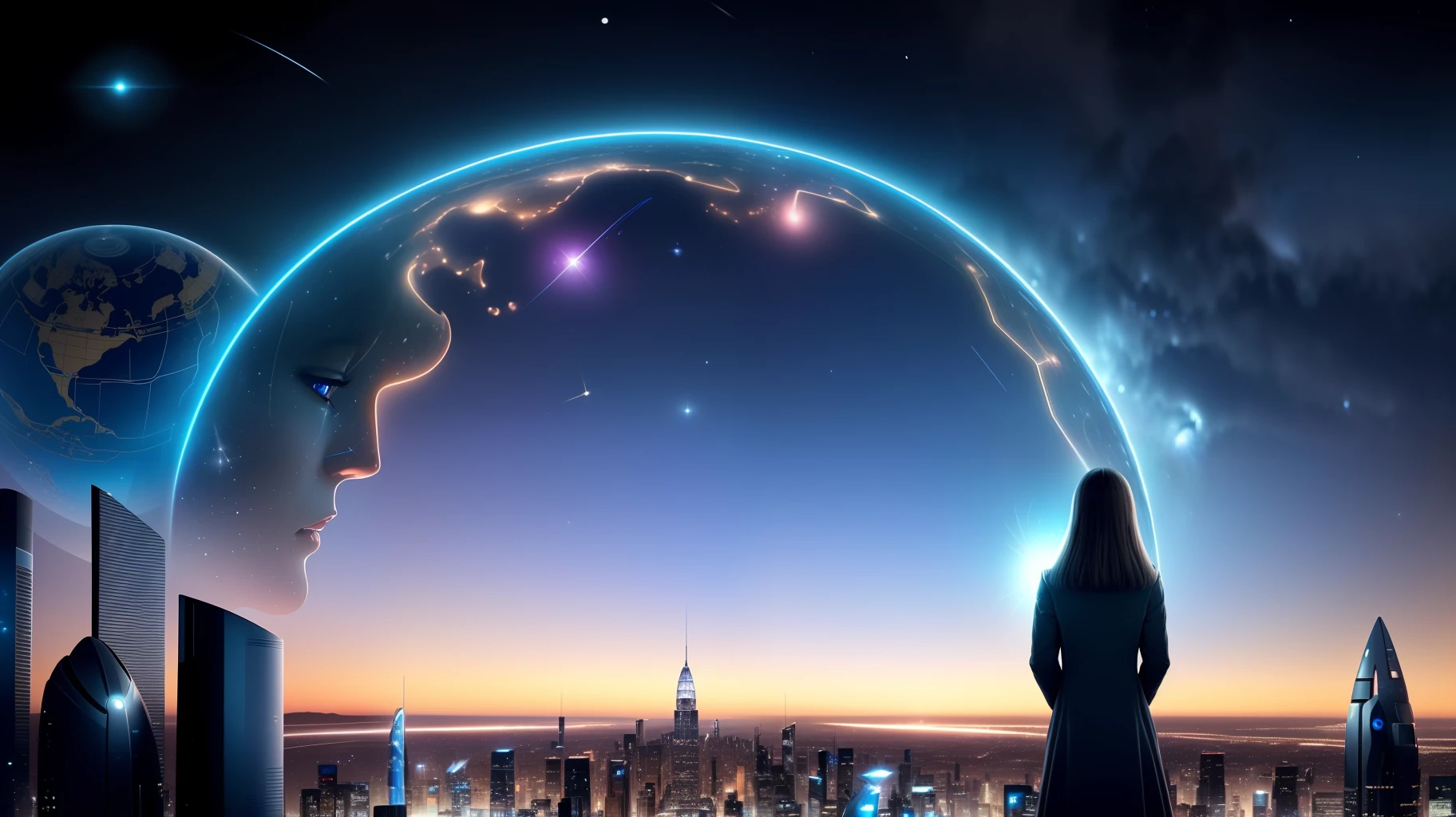 Generate a mind-blowingly detailed and thought-provoking image that makes you think about deep things. The image should show a futuristic city at night, with a bright and utopian atmosphere. The city should be clean and peaceful, with flying cars and robots. The image should focus on a young woman standing on a balcony, looking at the stars. The woman should look curious and amazed, while holding a device that shows her a map of the galaxy. The image should make you wonder about the origin of the universe and the possibility of alien life.