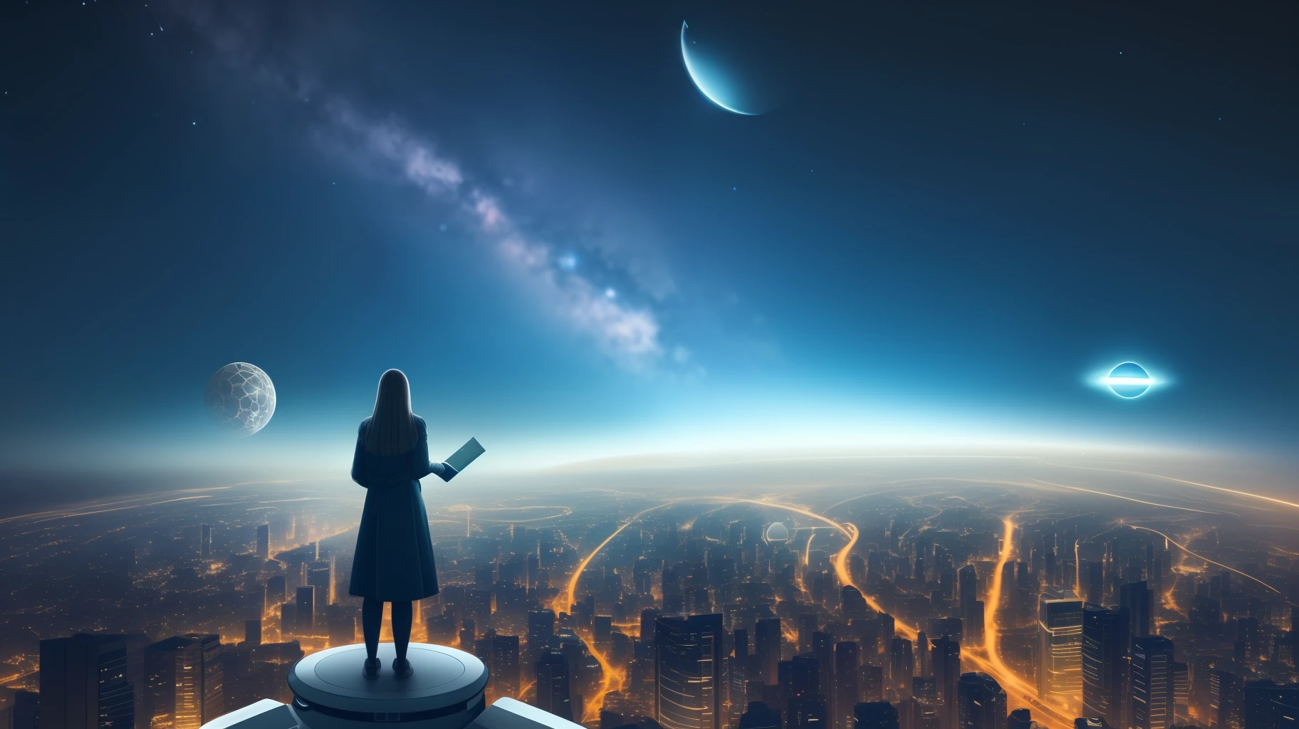 Generate a mind-blowingly detailed and thought-provoking image that makes you think about deep things. The image should show a futuristic city at night, with a bright and utopian atmosphere. The city should be clean and peaceful, with flying cars and robots. The image should focus on a young woman standing on a balcony, looking at the stars. The woman should look curious and amazed, while holding a device that shows her a map of the galaxy. The image should make you wonder about the origin of the universe and the possibility of alien life.
