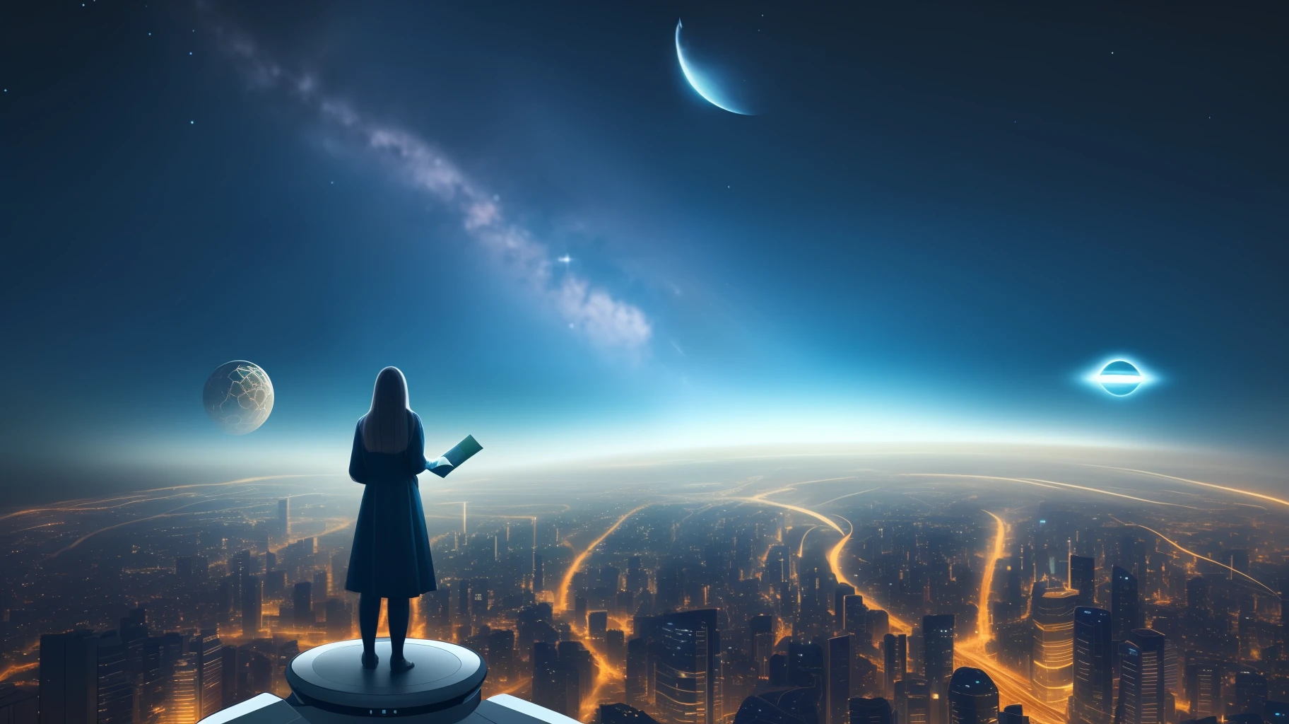 Generate a mind-blowingly detailed and thought-provoking image that makes you think about deep things. The image should show a futuristic city at night, with a bright and utopian atmosphere. The city should be clean and peaceful, with flying cars and robots. The image should focus on a young woman standing on a balcony, looking at the stars. The woman should look curious and amazed, while holding a device that shows her a map of the galaxy. The image should make you wonder about the origin of the universe and the possibility of alien life.