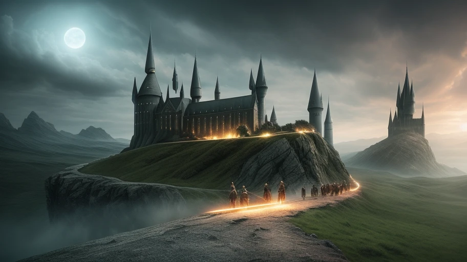 Generate a mind-blowingly detailed and thought-provoking image that makes you think about deep things. The image should show a scene from a popular fictional story, such as Harry Potter, Lord of the Rings, or Star Wars. The image should have imaginative and creative details, such as the magic, the creatures, or the spaceships. The image should also have a hidden meaning or a moral, such as a lesson, a theme, or a metaphor. The image should make you wonder about the power of imagination and the value of stories.
