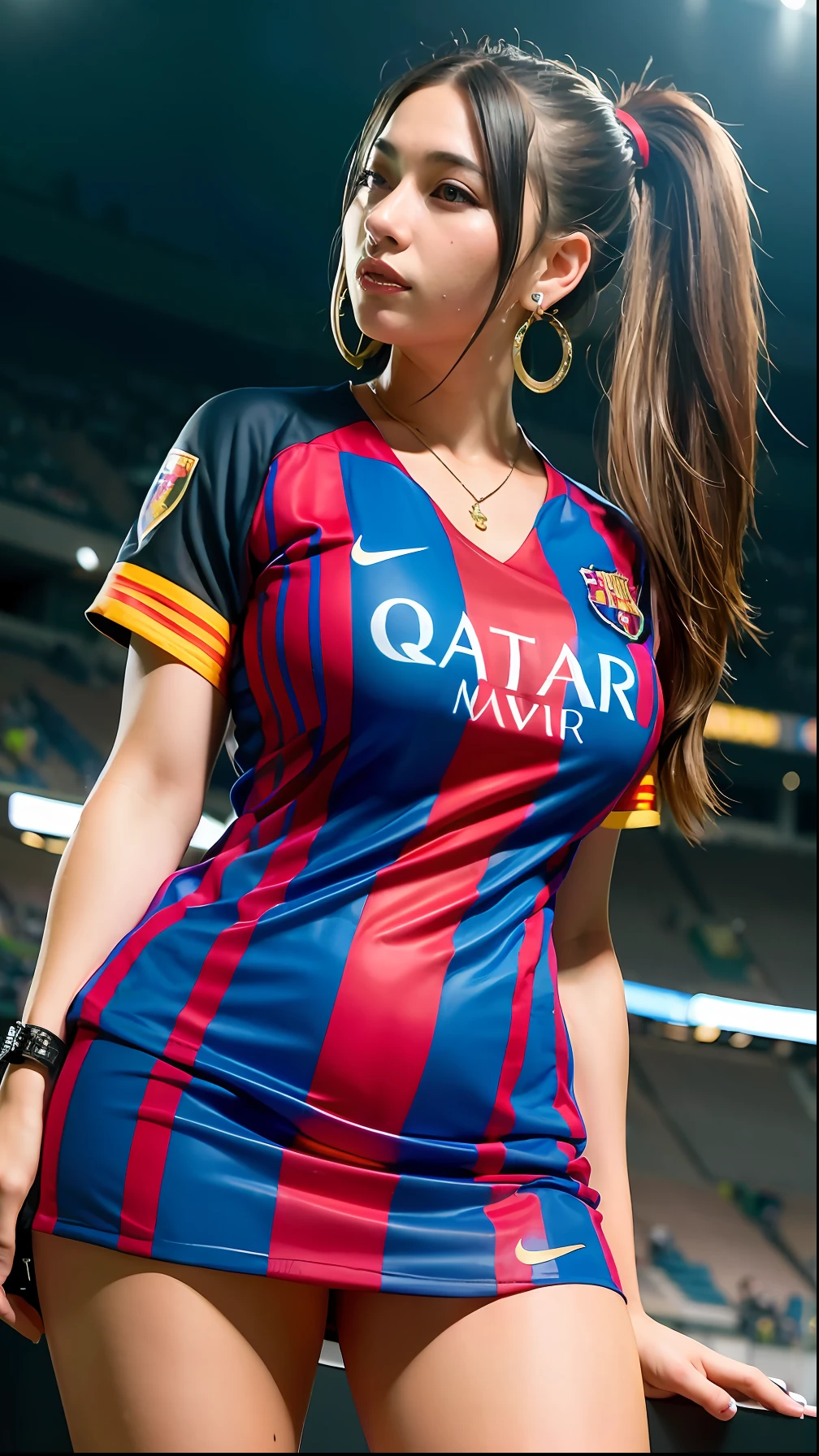 1girl, long hair, ponytail, depraved Barcelona football kit, earrings, jewelry, big breasts, (curvy), professional make-up, necklace, soccer stadium relaxation, (cyberpunk), dynamic light, dynamic angle, stadium sitting pose legs to the side