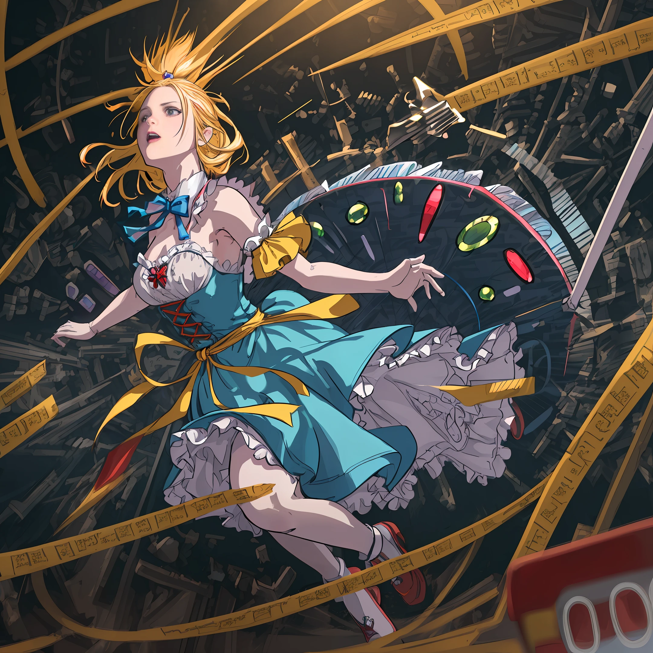 bright and vibrant colors, oranges and reds, bright purples, hands clenched into fists, detailed face, very detailed skin, small and perky breasts, Slim and fit body, Close Full body shot, action shot, long and wide elegant victorian blue dress, billowing dress, dress blown up revealing legs, an 18 year old Alice through the looking glass falling down the rabbit hole, Bright and vibrant colors, Trippy background, melting clocks in the background, concerned facial expression, messy bright blonde hair, very low camera angle, (realistic:1.5), skin indent. octane render, (unparalleled masterpiece, ultra-realistic 8k CG, dramatic, ray tracing, HDR:1.2), (Best Quality), fantasy, atmospheric, extremely detailed, intricate, hyper-detailed, harsh lighting, (specular lighting:1.4), (photorealistic face:1.2), (skindentation:1.3), (1girl:1.4), ()