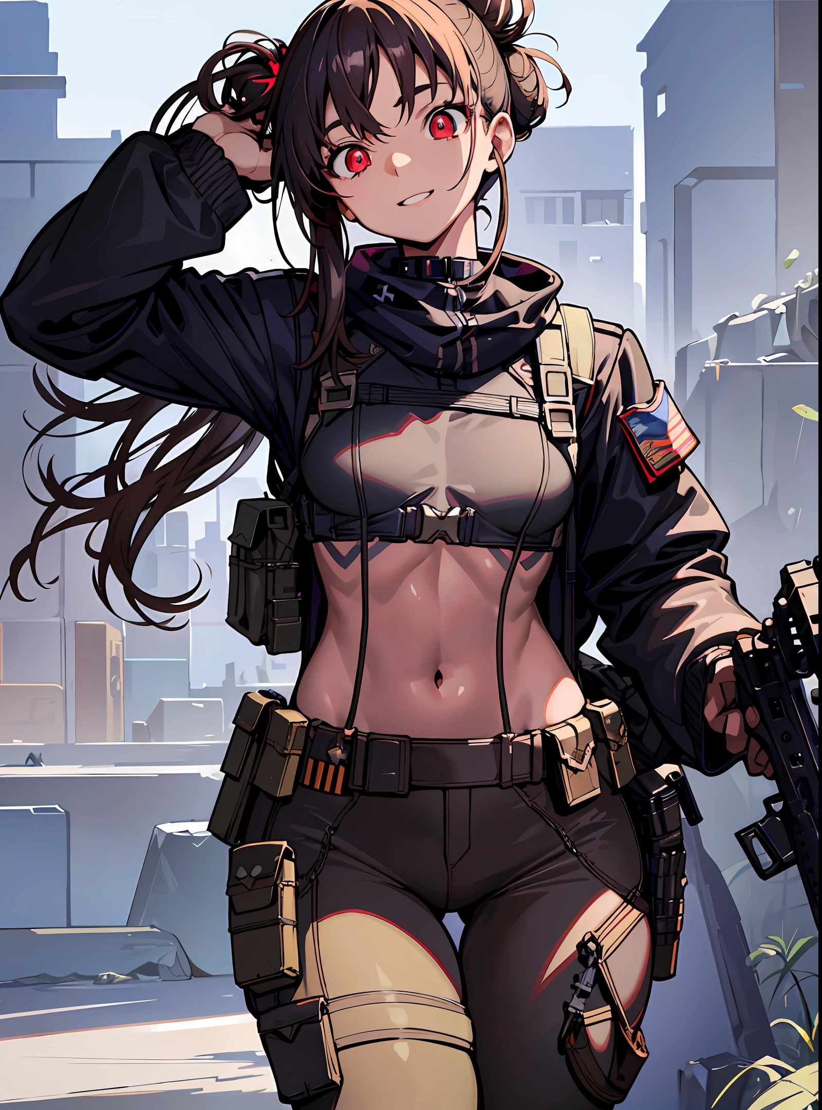 Mediterranean Girl, (clear eyes), (detailed iris), wearing full military gear, smile, (modern soldier), (military holster), brown outfit, dark outfit, (holding rifle), holding hk416, holding M4, (dark hair), (messy bun), (vibrant eyes), (red eyes), (tonned skin), (light tan), (olive skin), (delicate features), (small chest), (large hips), (military pants), (thick thighs), (thin waist). Tatsuya Endo, Greg Rutkowski, Pixiv, Artstation