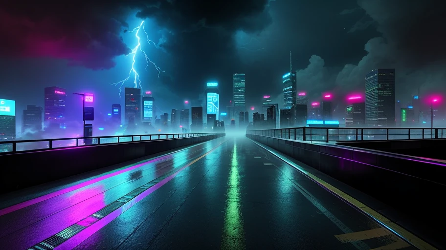 Create a photo-realistic image of a cyberpunk city at night. The city should have a dense and complex multi-level street layout, with bridges, ramps, tunnels and stairs connecting different levels. The city should be filled with neon lights of various colors and shapes, advertising products and services. The city should also have steamy channel covers, emitting fog and smoke into the air. The image should show a crowded and chaotic scene, with people, vehicles, robots and drones moving around. The image should have a dark and gritty atmosphere, showing the contrast between the high-tech and the low-life. The image should also have rain and lightning effects, creating a dramatic and stormy mood. The rain should reflect the neon lights and create puddles on the ground. The lightning should illuminate the sky and the buildings. The people should have some cybernetic enhancements, such as prosthetic limbs, implants, goggles or tattoos. The enhancements should show their personality, style or function.