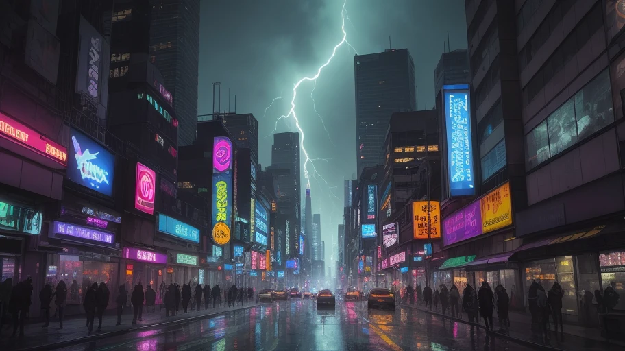 Create a photo-realistic image of a cyberpunk city at night. The city should have a dense and complex multi-level street layout, with bridges, ramps, tunnels and stairs connecting different levels. The city should be filled with neon lights of various colors and shapes, advertising products and services. The city should also have steamy channel covers, emitting fog and smoke into the air. The image should show a crowded and chaotic scene, with people, vehicles, robots and drones moving around. The image should have a dark and gritty atmosphere, showing the contrast between the high-tech and the low-life. The image should also have rain and lightning effects, creating a dramatic and stormy mood. The rain should reflect the neon lights and create puddles on the ground. The lightning should illuminate the sky and the buildings. The people should have some cybernetic enhancements, such as prosthetic limbs, implants, goggles or tattoos. The enhancements should show their personality, style or function.