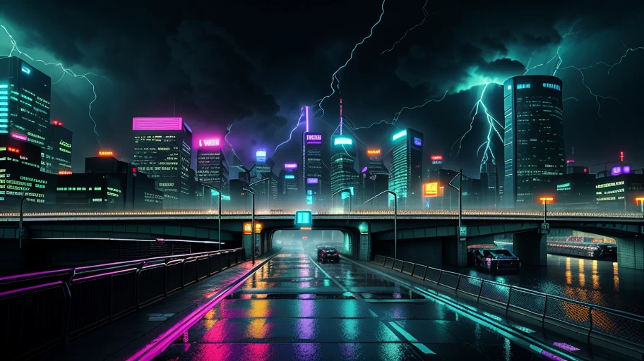 Create a photo-realistic image of a cyberpunk city at night. The city should have a dense and complex multi-level street layout, with bridges, ramps, tunnels and stairs connecting different levels. The city should be filled with neon lights of various colors and shapes, advertising products and services. The city should also have steamy channel covers, emitting fog and smoke into the air. The image should show a crowded and chaotic scene, with people, vehicles, robots and drones moving around. The image should have a dark and gritty atmosphere, showing the contrast between the high-tech and the low-life. The image should also have rain and lightning effects, creating a dramatic and stormy mood. The rain should reflect the neon lights and create puddles on the ground. The lightning should illuminate the sky and the buildings. The people should have some cybernetic enhancements, such as prosthetic limbs, implants, goggles or tattoos. The enhancements should show their personality, style or function.