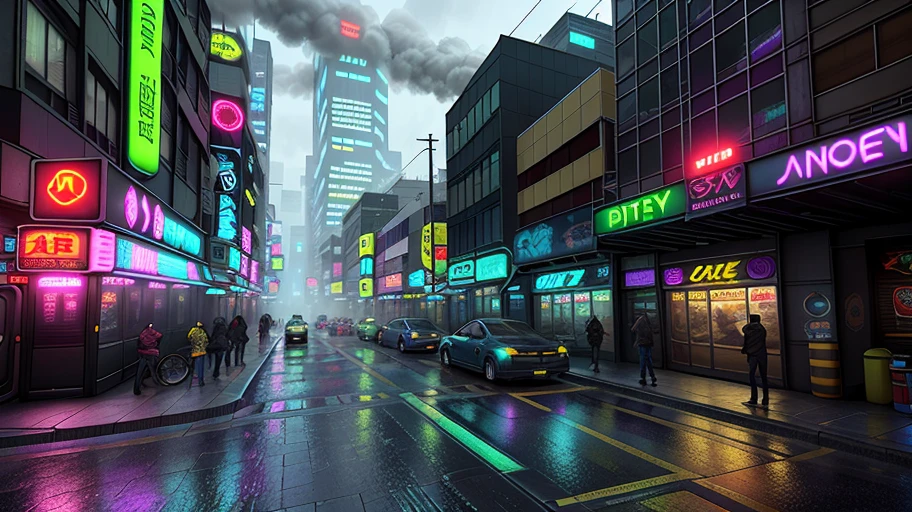 Create a photo-realistic image of a cyberpunk city at night. The city should have a dense and complex multi-level street layout, with bridges, ramps, tunnels and stairs connecting different levels. The city should be filled with neon lights of various colors and shapes, advertising products and services. The city should also have steamy channel covers, emitting fog and smoke into the air. The image should show a crowded and chaotic scene, with people, vehicles, robots and drones moving around. The image should have a dark and gritty atmosphere, showing the contrast between the high-tech and the low-life. The rain should reflect the neon lights and create puddles on the ground. The people should have some cybernetic enhancements, such as prosthetic limbs, implants, goggles or tattoos. The enhancements should show their personality, style or function.multi level streets, alleys, tunels