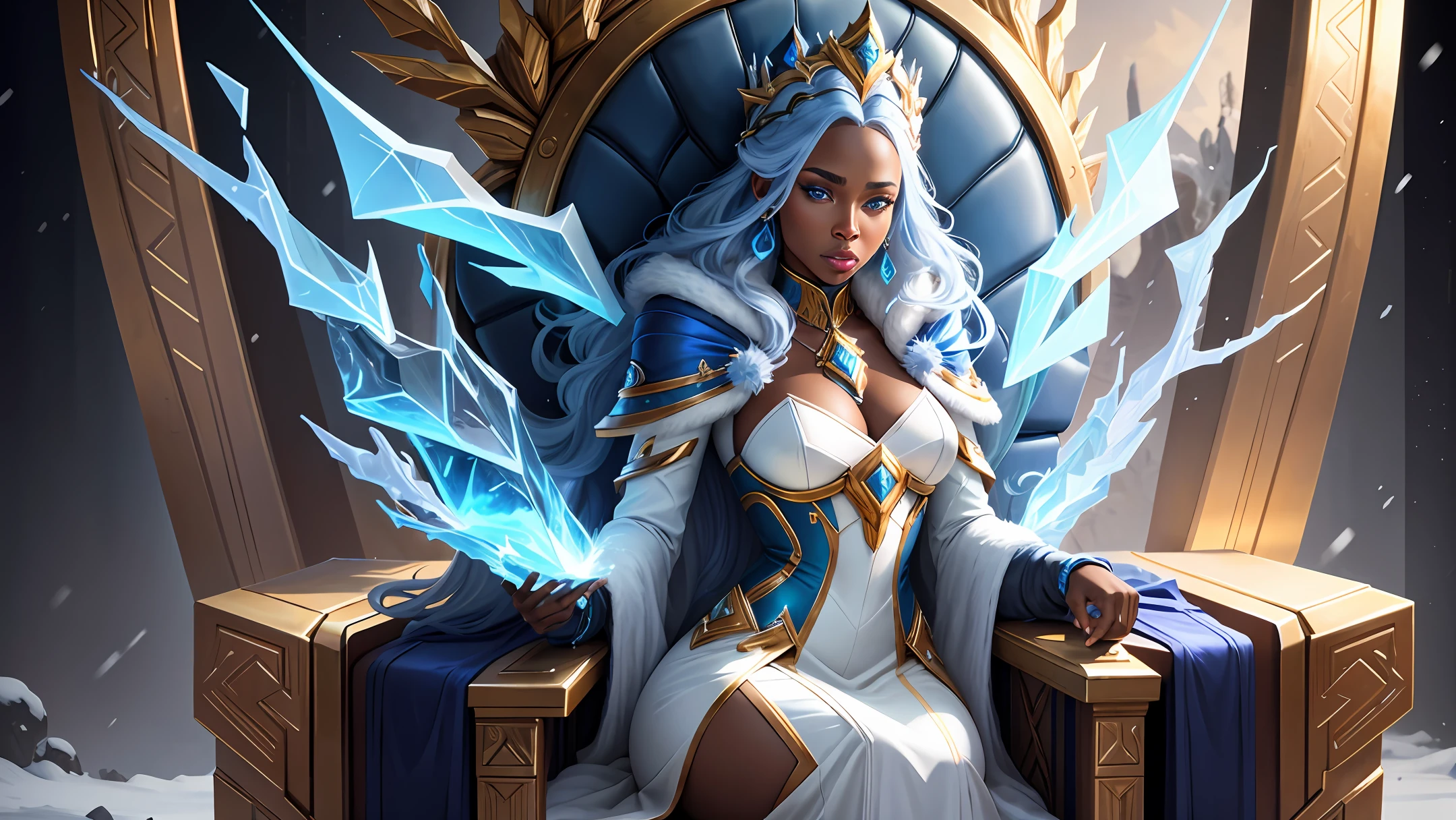 beautiful sexy african american Ice queen sitting on Throne, blue eyes, winter weather, anamorphic, video art, vibrant colors, dynamic lighting, ultra high detail, dramatic lighting, movie poster, asymmetric composition, ultra detailed, full HD, unreal engine, artstation, photorealistic, highly detailed league of legends art style, masterpiece, highest quality,