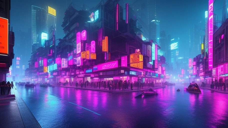 Create a photo-realistic image of a cyberpunk city at night. The city should have a dense and complex multi-level street layout, with bridges, ramps, tunnels and stairs connecting different levels. The city should be filled with neon lights of various colors and shapes, advertising products and services. The city should also have steamy channel covers, emitting fog and smoke into the air. The image should show a crowded and chaotic scene, with people, vehicles, robots and drones moving around. The image should have a dark and gritty atmosphere, showing the contrast between the high-tech and the low-life. The rain should reflect the neon lights and create puddles on the ground. The people should have some cybernetic enhancements, such as prosthetic limbs, implants, goggles or tattoos. The enhancements should show their personality, style or function. city should represent venice with a lot of canals