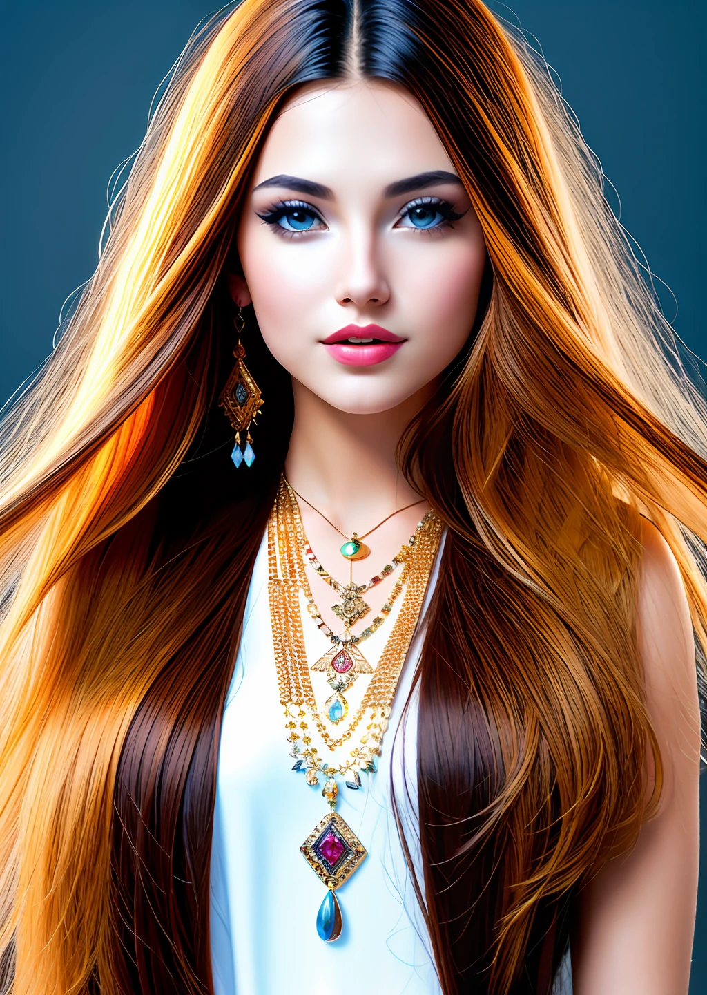 Fashion model photography, clothes on fashion week, summer fashion, medium shot, beautiful Russian model, long hair, antler hair accessories, fair skin, beautiful necklace, simple background, high texture, studio professional lighting
