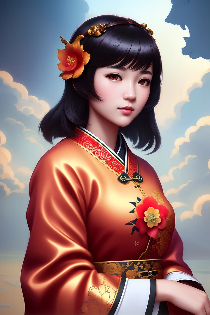 Paper craft style goldfish, zchn style, masterpiece, beautiful, high contrast, art, face focus portrait, 1 girl, oriental, Chinese traditional dress, (view from side: 1.3), hands on back, flower, cloud, Chinese dragon, Short hair, bangs, lips and eyelashes, detailed backgrounds, deco paintings, post-grunge, concept art, intricate details. Exquisite facial features, beautiful girl, cute face, very detailed, detailed eyes, 8k, (masterpiece, sidelighting, finely detailed beautiful eye: 1.2), gradation, trending on artstation, by james jean, Victo ngai, David Rubn, Mike Mignola, Laurie Greasley, color, digital painting, pixiv, Ilya Kuvshinov