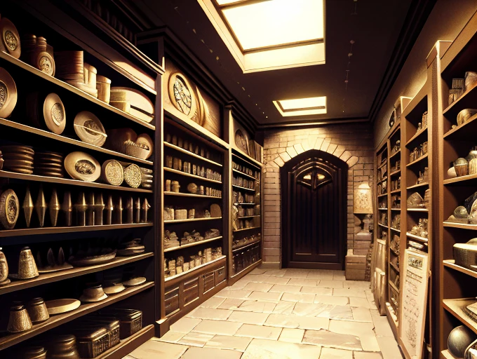 historical setting magic store inside, front view, harry potter, DIAGON ALLEY, textured, maximum detail, peltate plate, no people