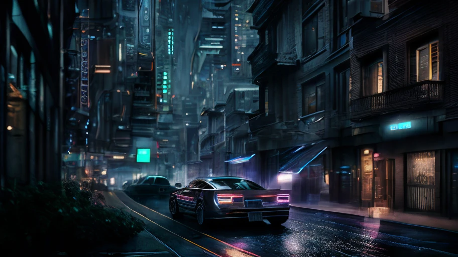 Create a photo-realistic image of a cyberpunk city at night. The main focus of the image should be the dense and complex multi-level street layout, with bridges, ramps, tunnels and stairs connecting different levels. The street layout should show the diversity and creativity of the city’s inhabitants. The image should also show some neon lights of various colors and shapes. The image should have some steamy channel covers, emitting fog and smoke into the air. The image should have a dark and gritty atmosphere, showing the contrast between the high-tech and the low-life. rain effects,wet and gloomy mood. people, vehicles, robots and drones moving around, less prominent than the street layoutcybernetic enhancements, prosthetic limbs, implants, goggles