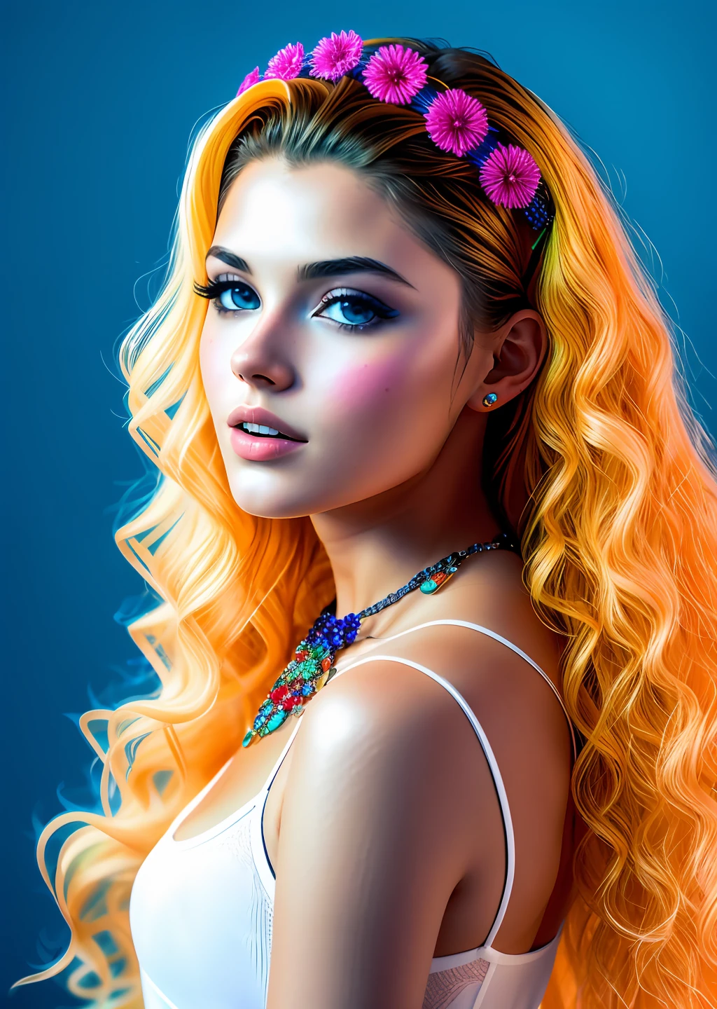 Photography of fashion models, T-shirts with holes, sense of design, medium shot, beautiful Icelandic model, long hair, hair accessories, fair skin, necklace, simple background, high texture, colorful backlight, professional studio lighting