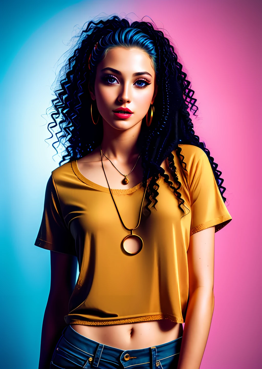 Photography of fashion models, T-shirts with holes, sense of design, medium shot, beautiful Icelandic model, long hair, hair accessories, fair skin, necklace, simple background, high texture, colorful backlight, professional studio lighting