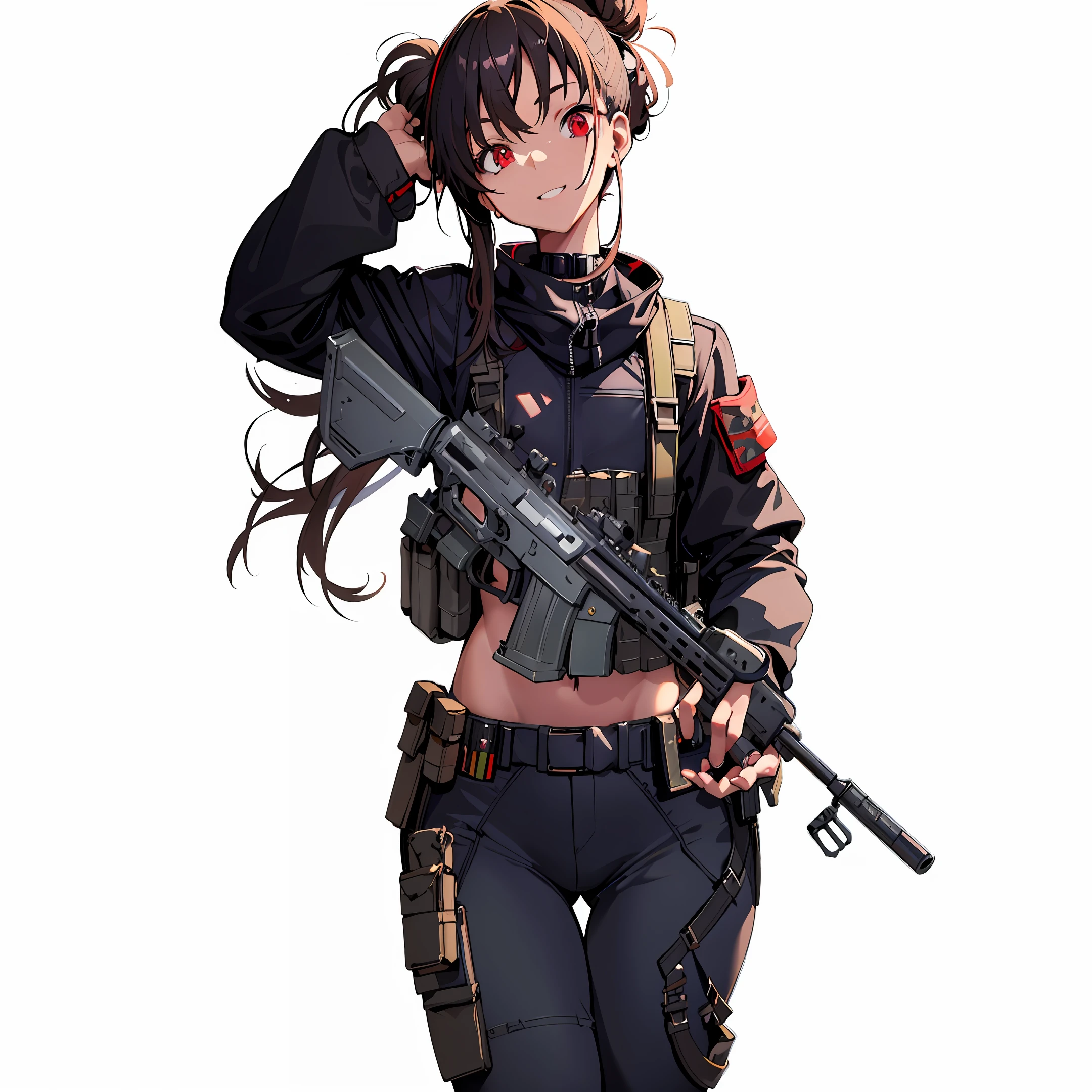 Mediterranean Girl, (clear eyes), (detailed iris), wearing full military gear, smile, (modern soldier), (military holster), brown outfit, dark outfit, (holding rifle), holding hk416, holding M4, (dark hair), (messy bun), (vibrant eyes), (red eyes), (tonned skin), (light tan), (olive skin), (delicate features), (small chest), (large hips), (military pants), (thick thighs), (thin waist). Tatsuya Endo, Greg Rutkowski, Pixiv, Artstation