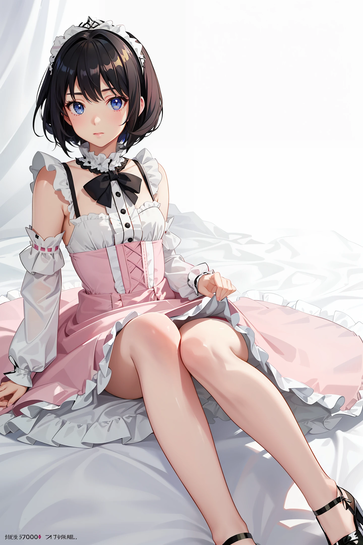ta, best quality, very detailed, super detailed, masterpiece, illustration, beautiful detailed eyes, anime, moe, (((illustration))), (((solo))), ((1boy)), Futanari, Otoko no Ko, ((Incubus)), ((dark blue eyes)),(((black hair))),((((very short hair)))),[[white skin]],( ((shiny skin))), ((small bust)), light blush, scarf, fur trim, ((Sweet Loli, ball gown, puffed sleeves,(((pink dress))) , (crinoline dress), garter belt, striped stockings, ankle boots, gloves, topless, breastless, lolita d, gorgeous dress, realistic details,