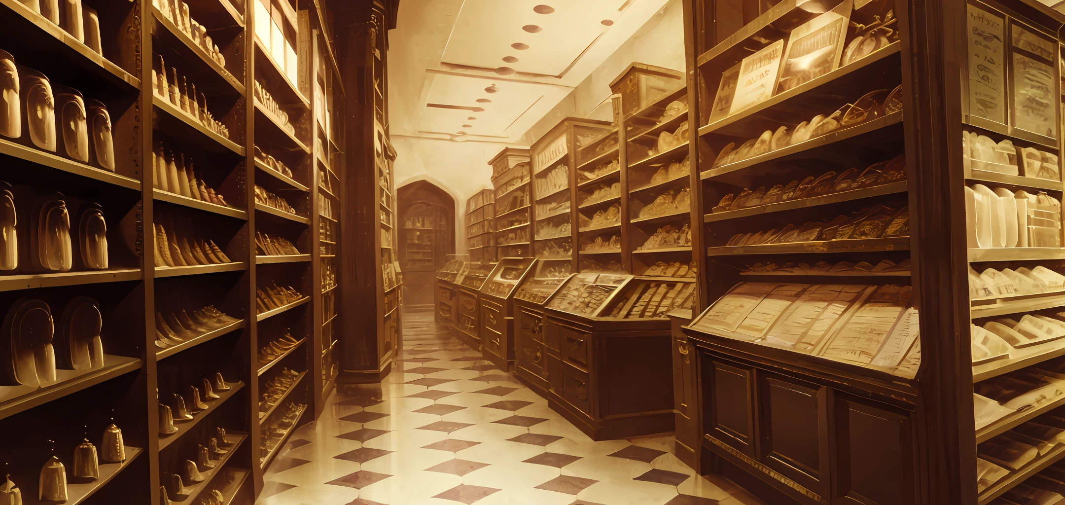 historical setting magic store inside, front view, harry potter, DIAGON ALLEY, showcase, textured, maximum detail, peltate plate, no people