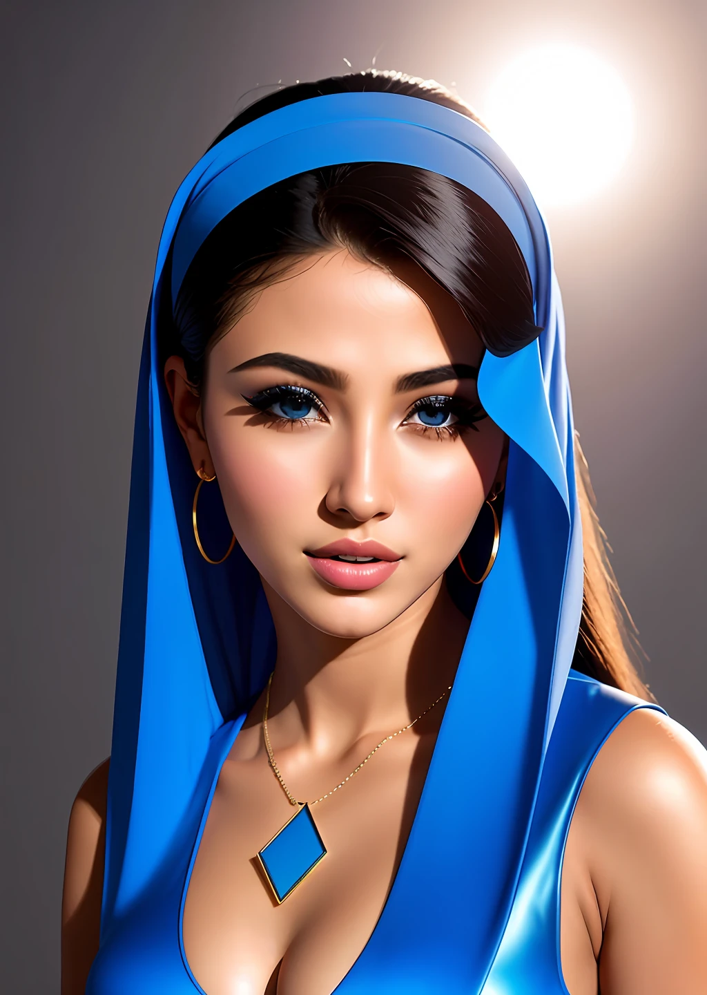 Fashion model photography, blue top, strong sense of design, middle ground, beautiful Saudi model, long hair, hair accessories, delicate skin, necklace, simple background, high texture, glare backlight, professional studio lighting