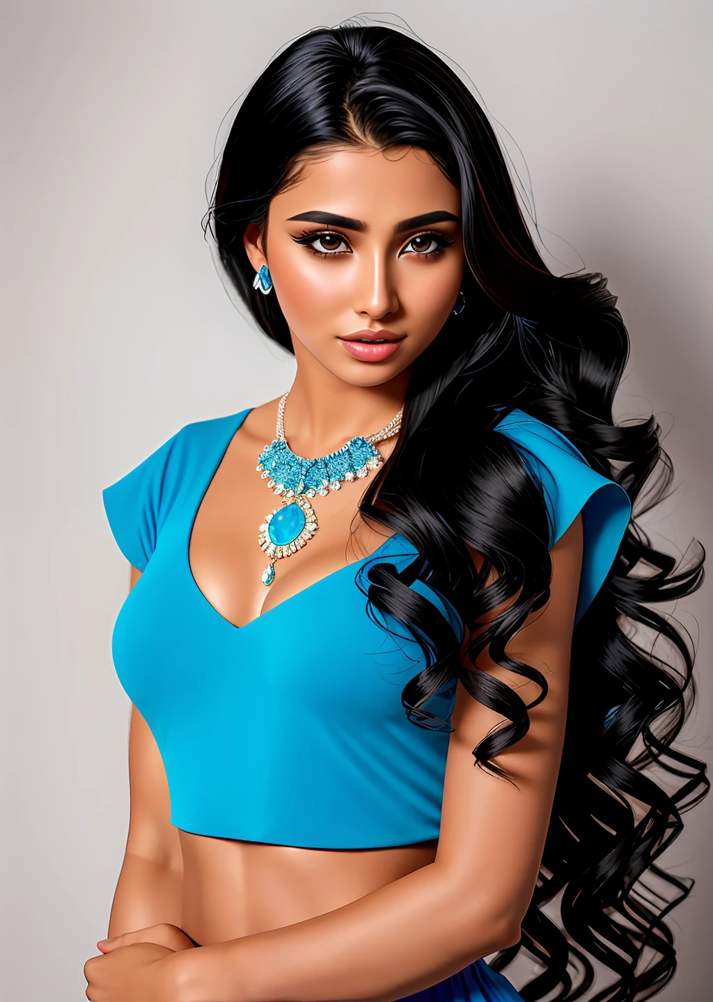 Fashion model photography, blue top, strong sense of design, middle ground, beautiful Saudi model, long hair, hair accessories, delicate skin, necklace, simple background, high texture, glare backlight, professional studio lighting