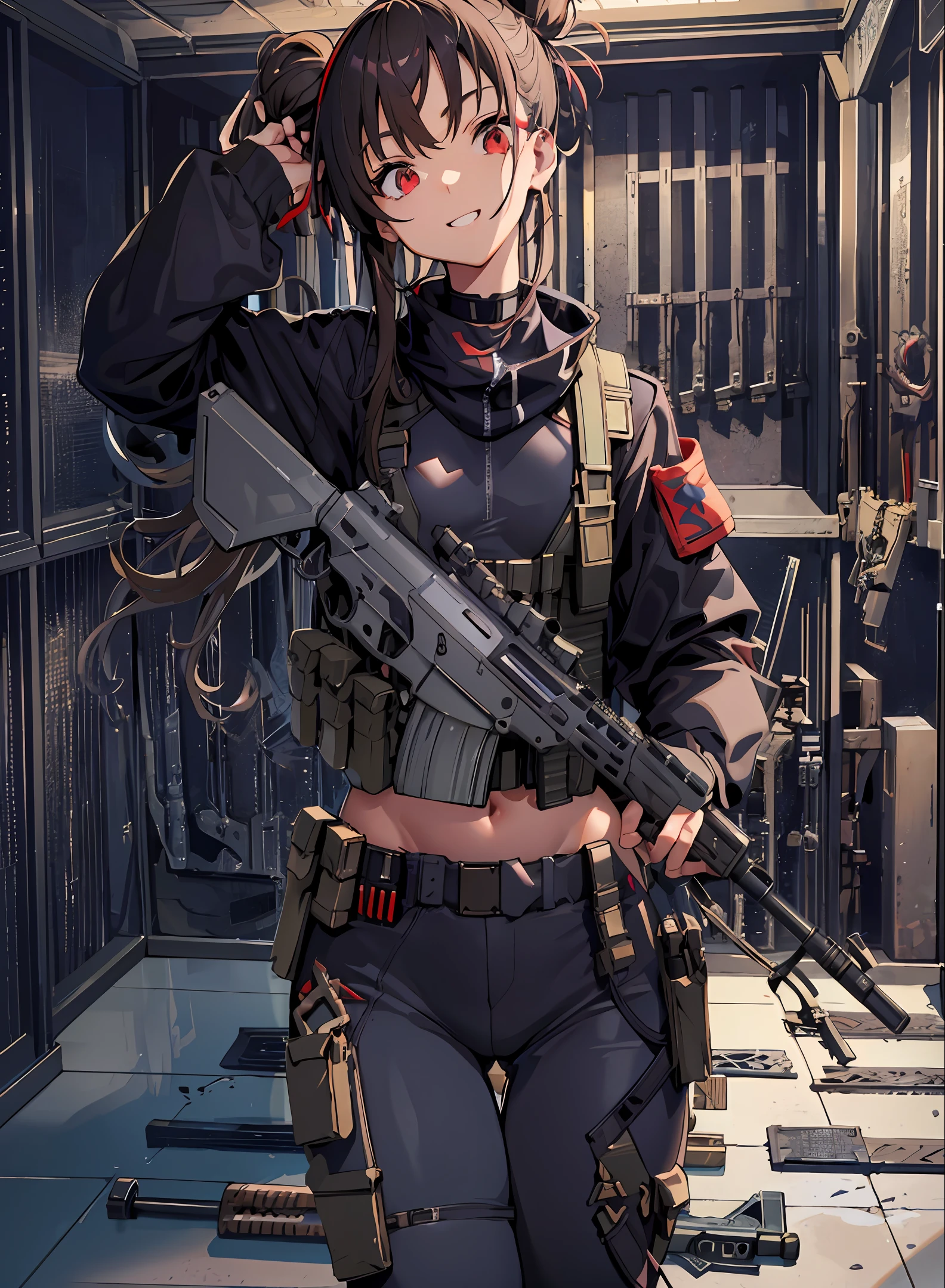 Mediterranean Girl, (clear eyes), (detailed iris), wearing full military gear, smile, (modern soldier), (military holster), brown outfit, dark outfit, (holding rifle), holding hk416, holding M4, (dark hair), (messy bun), (vibrant eyes), (red eyes), (tonned skin), (light tan), (olive skin), (delicate features), (small chest), (large hips), (military pants), (thick thighs), (thin waist). gunrack background. Tatsuya Endo, Greg Rutkowski, Pixiv, Artstation