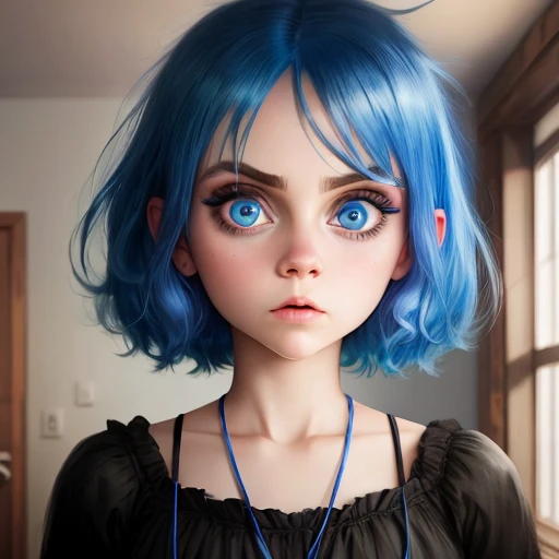 blue hair, big eyes