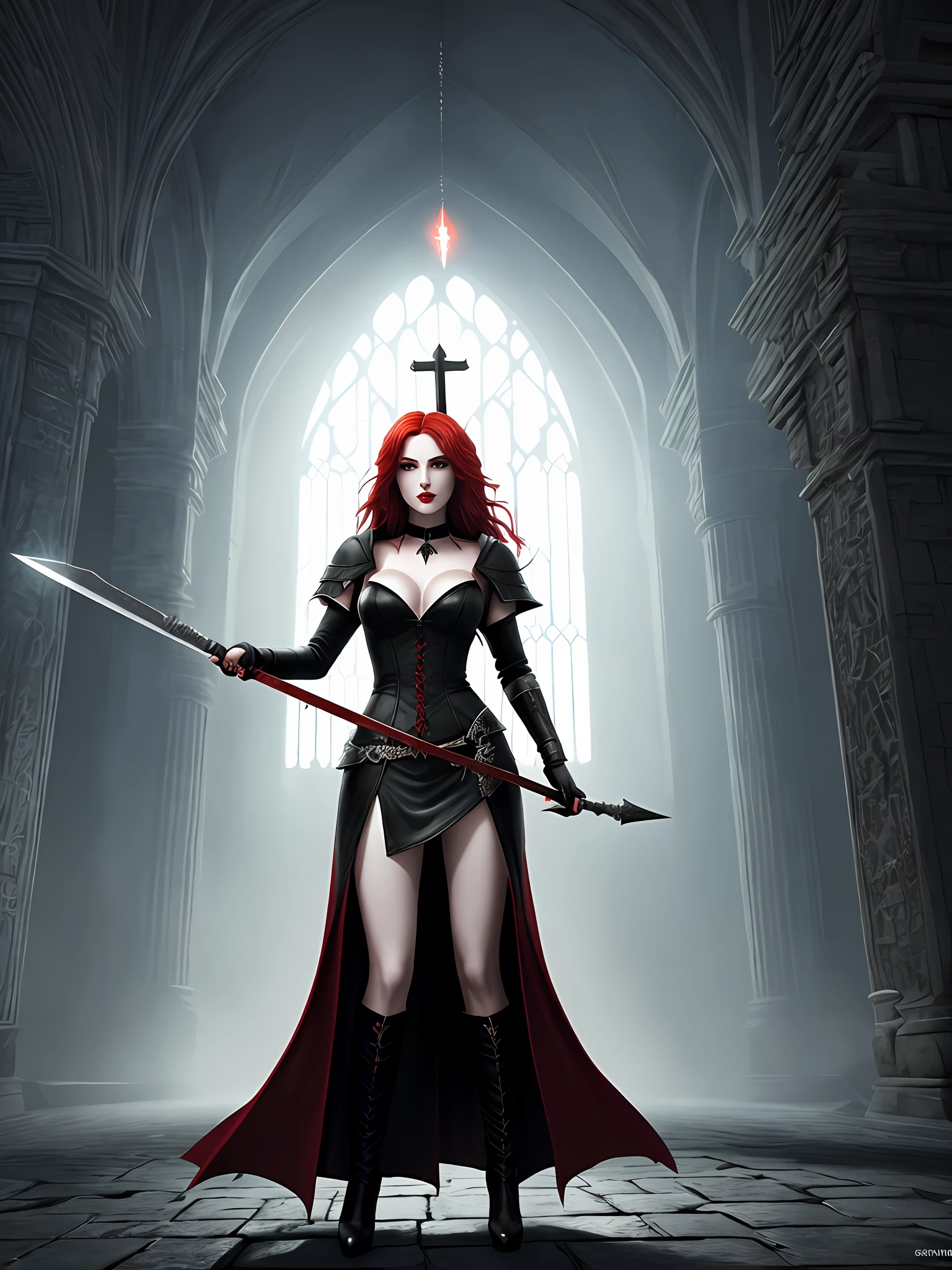Adult vampire lady, red hair, sharp green eyes, big mouth with bright red lipstick, gothic red dress, under long leg, sideways, holding a short silver dagger in one hand, detailed cold beautiful face, with a dim light in the left side of body, standing in night church, fighting stance, standing art contest champion, Fantasy Art, Art Station HD, Concept Art, 8K, Dark Souls, CG