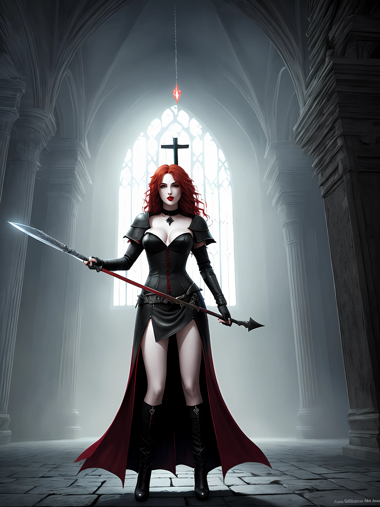 Adult female vampire, curly red hair, enveloping green eyes, big mouth with bright red lipstick, gothic red dress, under long leg, sideways, holding a short silver dagger in one hand, detailed cold beautiful face, with a dim light on left side of body, standing in night church, fighting stance, standing art contest champion, Fantasy Art, Art Station HD, Concept Art, 8K, Dark Souls, CG