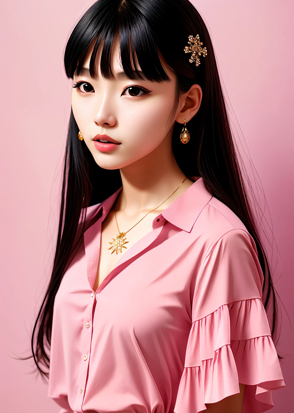 Fashion model photography, pink short-sleeved shirt, strong sense of design, medium shot, Korean beauty model, long hair, hair accessories, delicate skin, necklace, simple background, high texture, glare backlight, professional studio lighting