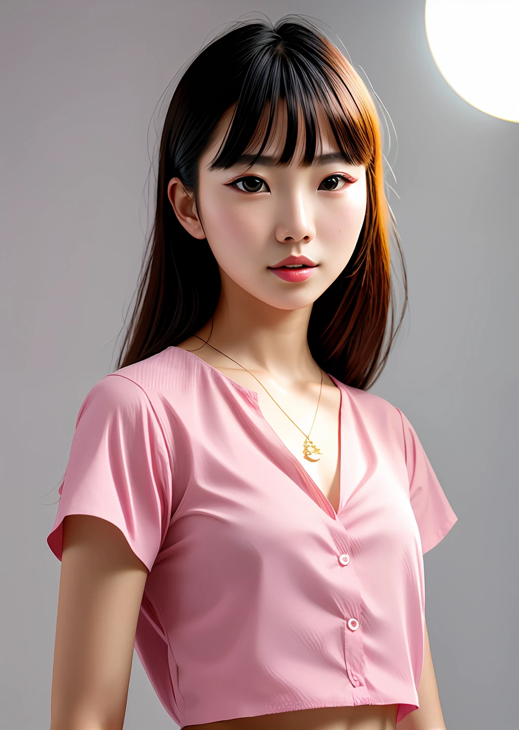 Fashion model photography, pink short-sleeved shirt, strong sense of design, medium shot, Korean beauty model, long hair, hair accessories, delicate skin, necklace, simple background, high texture, glare backlight, professional studio lighting