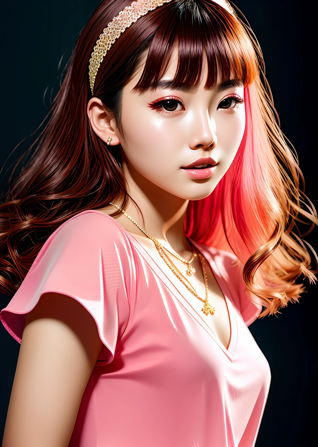 Fashion model photography, pink short-sleeved shirt, strong sense of design, medium shot, Korean beauty model, long hair, hair accessories, delicate skin, necklace, simple background, high texture, glare backlight, professional studio lighting