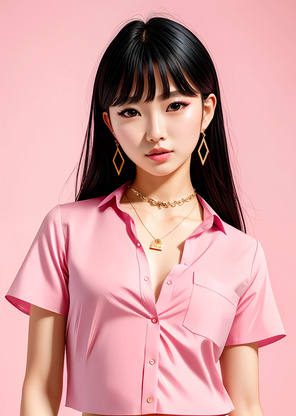 Fashion model photography, pink short-sleeved shirt, strong sense of design, medium shot, Korean beauty model, long hair, hair accessories, delicate skin, necklace, simple background, high texture, glare backlight, professional studio lighting