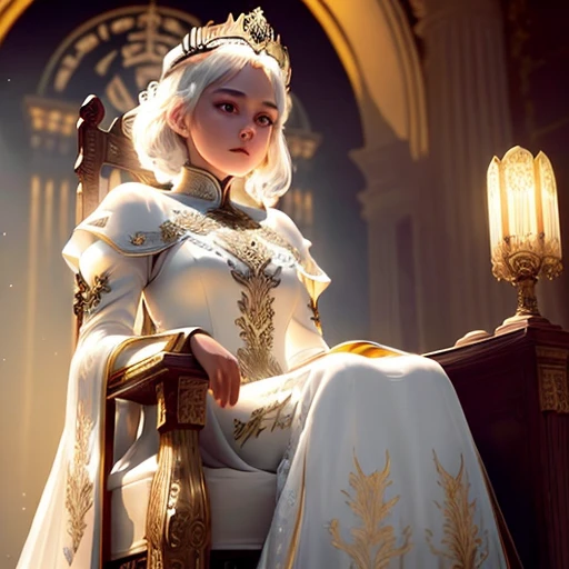 (Masterpiece:1.2), best quality, (illustration:1.2), (ultra-detailed), hyper details, (delicate detailed), (intricate details), (cinematic light, best quality Backlights), clear line, from below, solo female, perfect body, (1girl), white hair, glowing yellow eyes, (emperor, black see-through clothes),(crown:1.1), sitting on Throne, slightly close eyes, looking downward, turn head, ( shy:1.2), ((makeup)), high contrast, (best illumination, an extremely delicate and beautiful), ((cinematic light)), colorful, nude