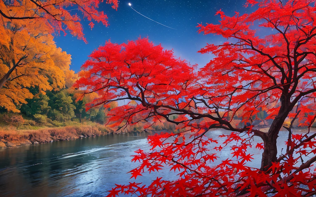 (best quality, masterpiece), (night sky, river behind, huge old tree behind, red maple leaves falling behind,)