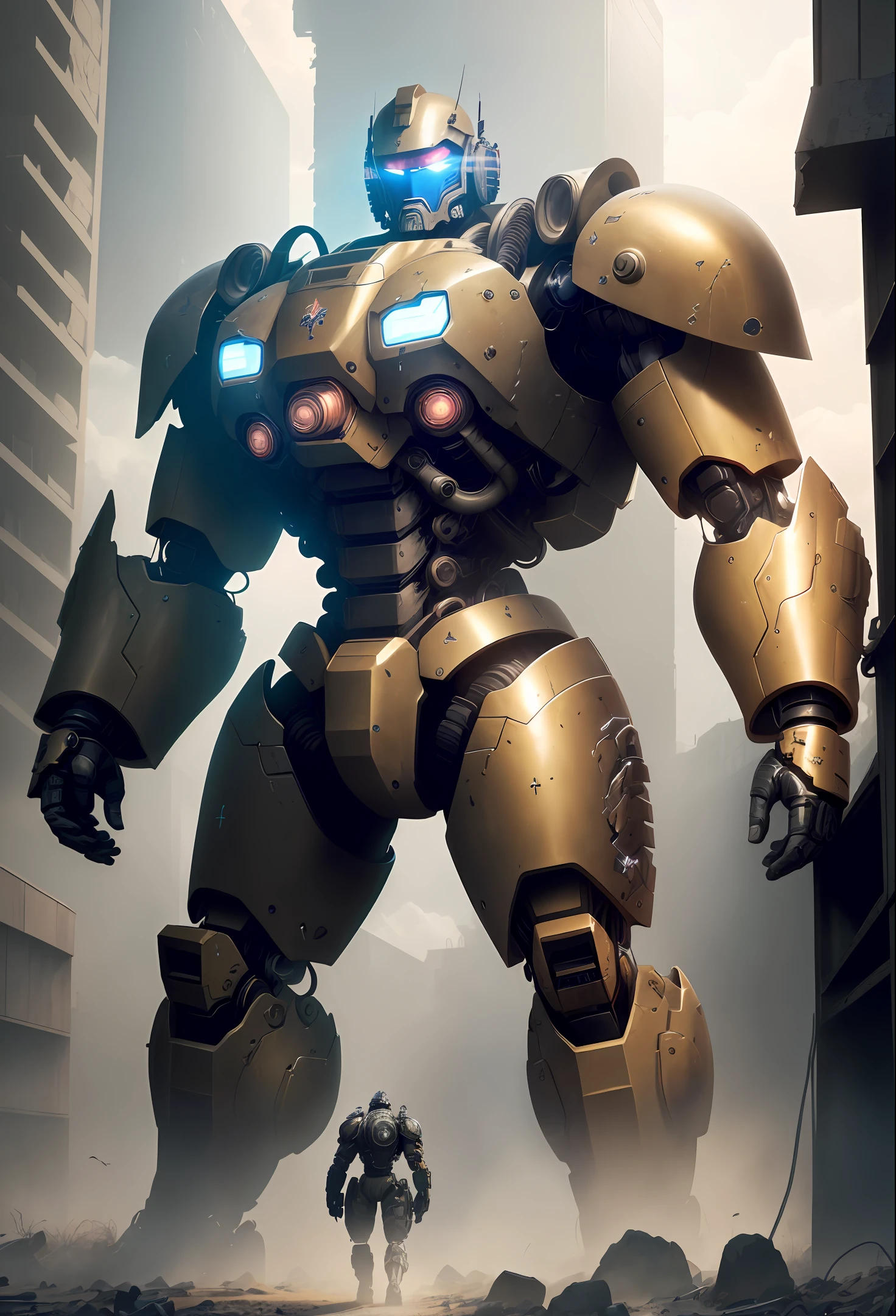 Intricate 3d render of Super Detailed, Strong Brutal Male Mecha, Face, Cyborg, Mecha is Broken, Brutal, (Extremely Detailed and Brutal Male Mecha Warrior in WW2 Soviet Style, Detailed and Brutal Torso and Head, Sturdy and Titans like mechs, with battle scars, damage and savagery, face-like mechanical structures, on a war-torn battlefield), Cool Studio soft light, edge light, vibrant details, wasteland cyberpunk, cable lines , Microchip, Elegant, Sturdy, Best Quality, Masterpiece CG Illustration, Very Beautiful, Very Detailed, CG, Uniform, Wallpaper, (Realistic, Realistic: 1.37), Amazing, Fine Detail, Official Art, Ridiculous, Incredible Ridiculous, Broken Body, Full Body, Standing, 8k, Octane Render, Unreal Engine, Highly Detailed, Concept Art, Reality, Crying Engine
