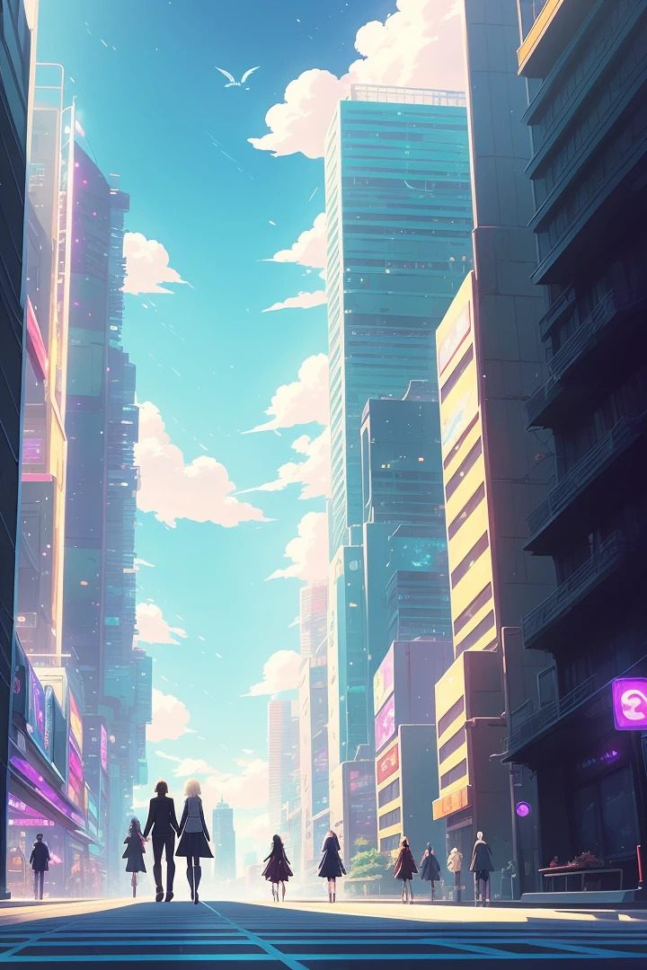 Anime couples are walking in a sci-fi city full of feasting and debauchery. A waist-length girl with white hair and golden pupils is leading a man with medium hair. The phantom of a dragon and a phoenix emerges behind them. Concept art Makoto Shinkai, pixiv winner, Romanticism, Makoto Shinkai Cyril Rolando , Love concept art, ros trance. Landscape background, Ross Tran and Makoto Shinkai, Ross Tran and Ilya Kuvshinov, Loish and Ross Tran.