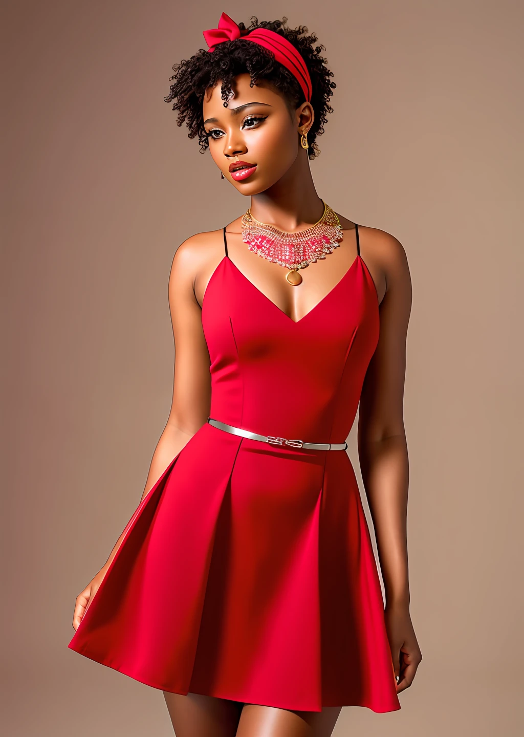 Fashion model photography, red dress, strong sense of design, medium shot, South African beauty model, short hair, hair accessories, delicate skin, necklace, simple background, high texture, colorful backlight, professional studio lighting