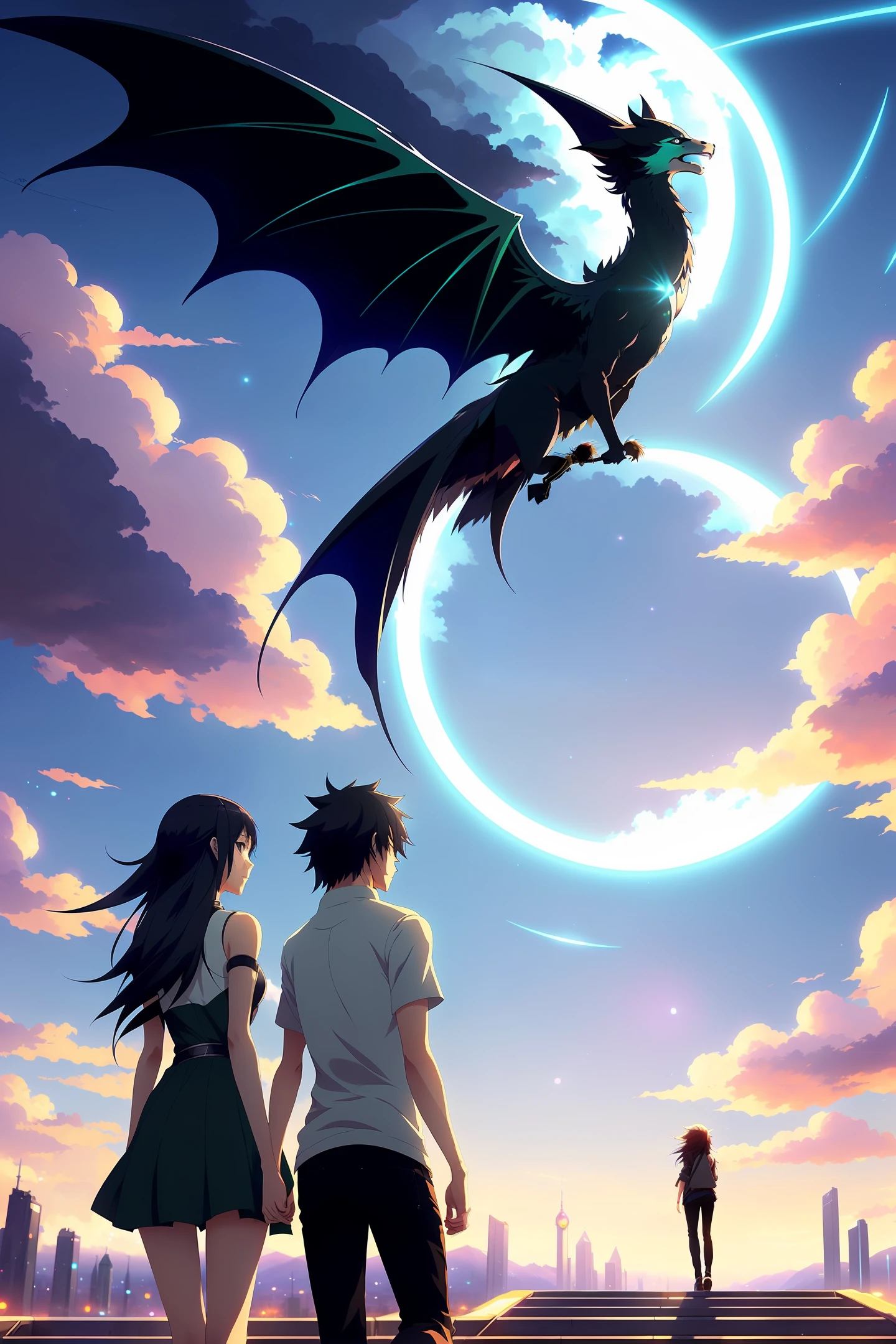 An anime couple is walking in a sci-fi city full of feasting and feasting. A girl with long white hair and waist-length golden pupils is holding a man with medium black hair. The phantom of a dragon and a phoenix emerges behind them. From a close-up perspective, the male and female protagonists occupy half of the screen One, concept art Makoto Shinkai, pixiv winner, romanticism, Makoto Shinkai Cyril Rolando, love concept art, ros trance. Landscape background, Ross Tran and Makoto Shinkai, Ross Tran and Ilya Kuvshinov, Loish and Ross Tran.