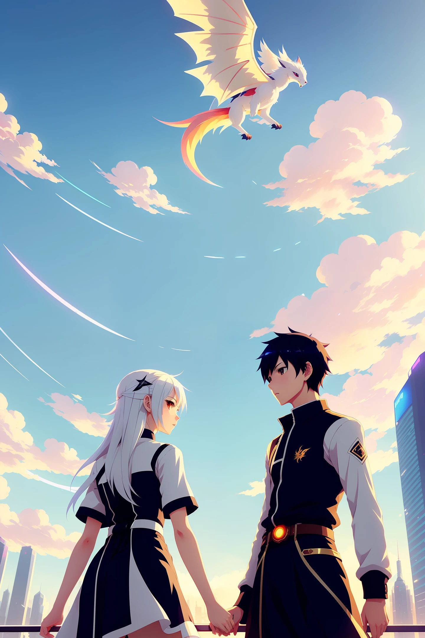 An anime couple is walking in a sci-fi city full of lights and feasting. A girl with long white hair and waist-length golden pupils is leading a man with medium black hair. A dragon and a phoenix are twining in the air. From a close-up perspective, the male and female protagonists take up half of the screen. Girl with white hair to waist, girl with loose hair, no ponytail, concept art Makoto Shinkai, pixiv winner, romanticism, Makoto Shinkai Cyril Rolando, love concept art, ros trance. Landscape background, Ross Tran and Makoto Shinkai, Ross Tran and Ilya Kuvshinov, Loish and Ross Tran.