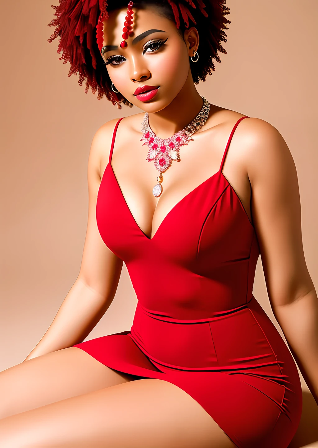 Fashion model photography, red dress, strong sense of design, medium shot, South African beauty model, short hair, hair accessories, delicate skin, necklace, simple background, high texture, colorful backlight, professional studio lighting