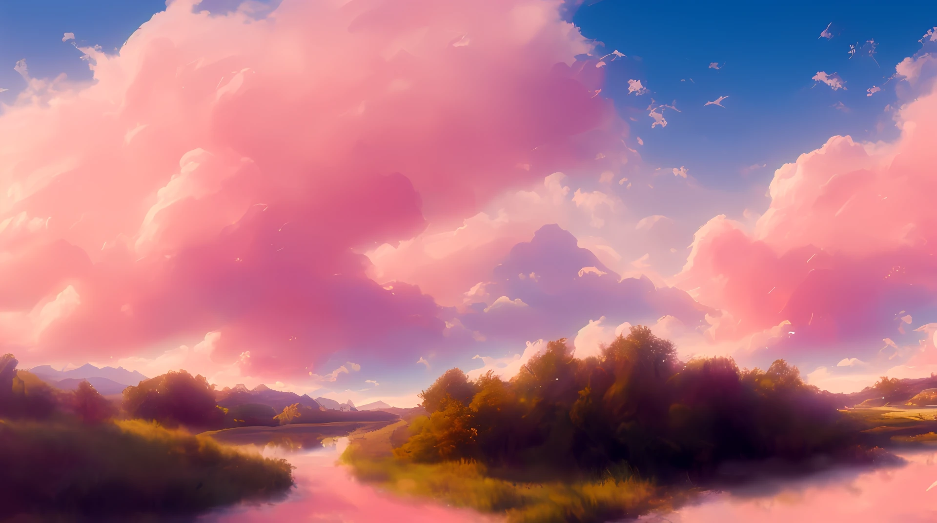 (magical pretty sky pink stream overlay scene), (sky), (clouds), soft lighting, clean background, beautiful sky scenery, masterpiece, high quality, beautiful graphics, high detail,painted by Thomas Kincaid, artstation, sharp focus, inspiring 8k wallpaper,