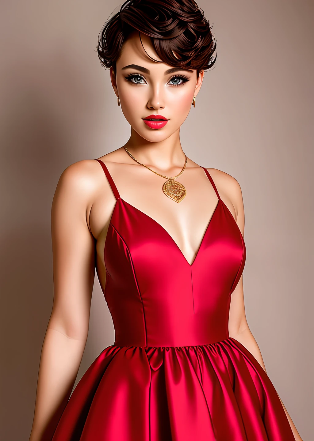 Fashion model photography, red dress, strong sense of design, medium shot, South African beauty model, short hair, hair accessories, delicate skin, necklace, simple background, high texture, colorful backlight, professional studio lighting