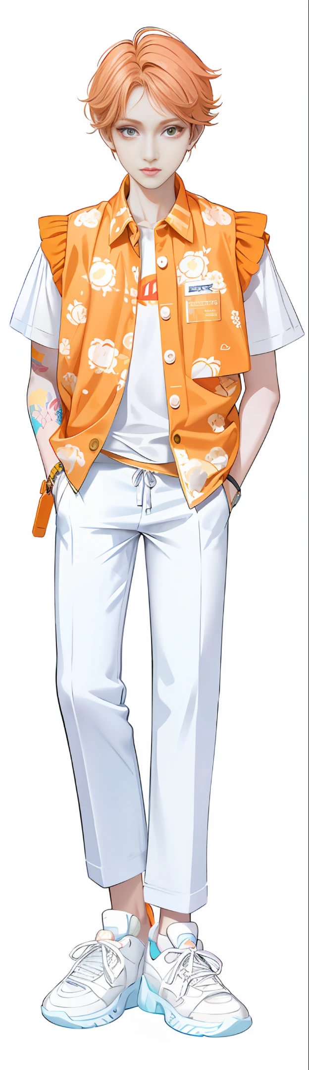 anime boy in orange vest and white shirt standing with his hands in his pockets, detailed fashion illustration, clear outfit design, digital illustration, luxury fashion illustration, fashion illustration, inspired by Louis Hersent, cypherpunk fashion illustration, full body close-up shot, full body illustration, made with illustrator, inspired by Kentaro Miura, fanart, outfit design