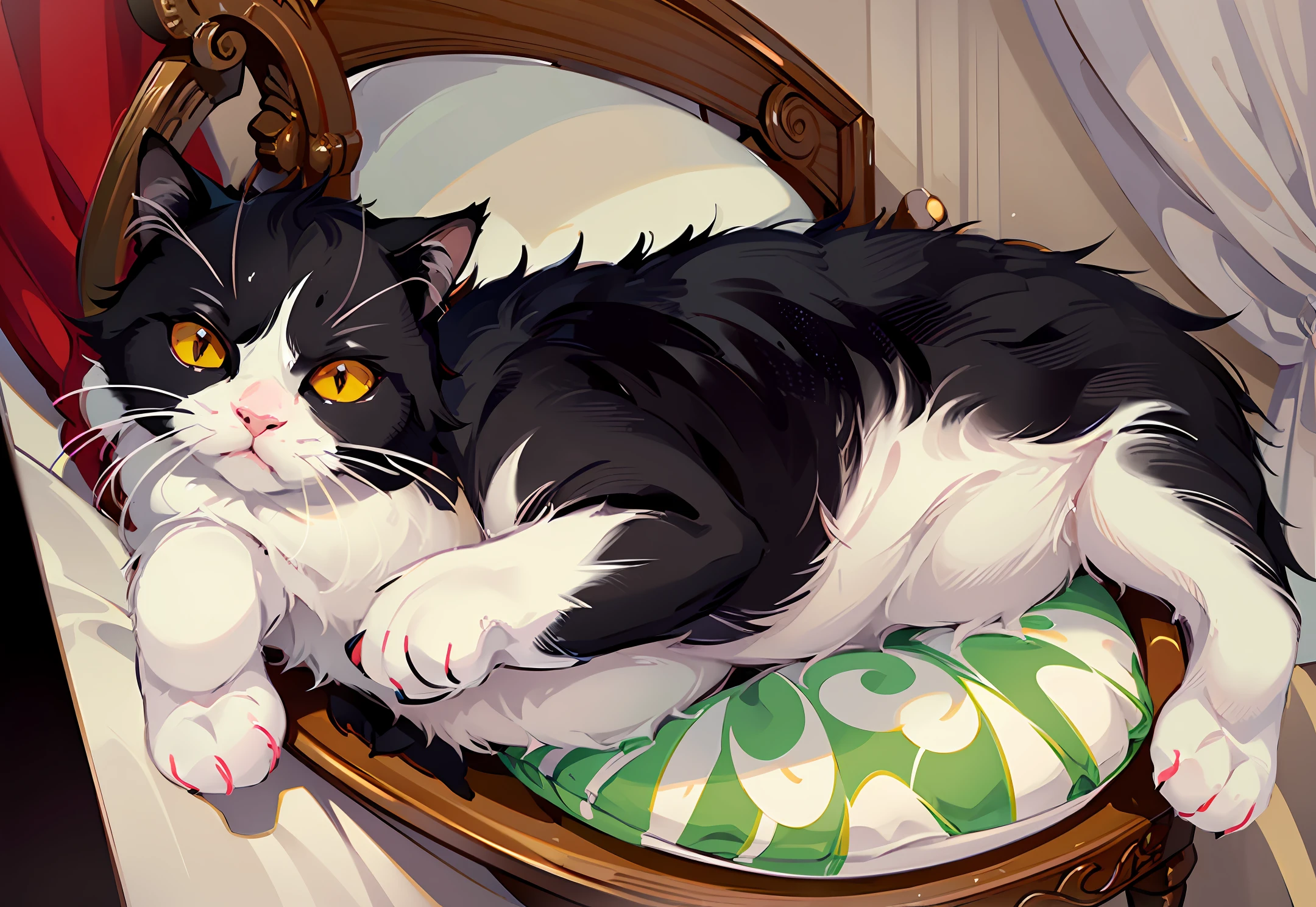 there is a black and white cat sitting on a chair, exotic shorthair cat, there is full bedpan next to him, a cat sitting in a chair, chonker cat, he is very relaxed, black and white cat, she has a jiggly fat round belly, tuxedo cat, cute furry needs your help, happy wise. he has bouncy belly