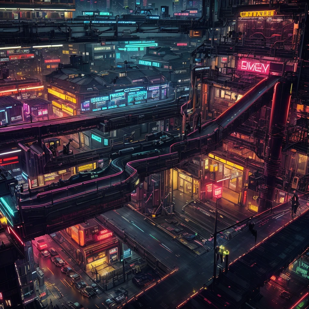 Create a photo-realistic image of a cyberpunk city at night. The main focus of the image should be the dense and complex multi-level street layout, with bridges, ramps, tunnels and stairs connecting different levels. The street layout should show the diversity and creativity of the city’s inhabitants. The image should also show some neon lights of various colors and shapes. The image should have some steamy channel covers, emitting fog and smoke into the air. The image should have a dark and gritty atmosphere, showing the contrast between the high-tech and the low-life. rain effects,wet and gloomy mood. people, vehicles, robots and drones moving around, less prominent than the street layoutcybernetic enhancements, prosthetic limbs, implants, goggles